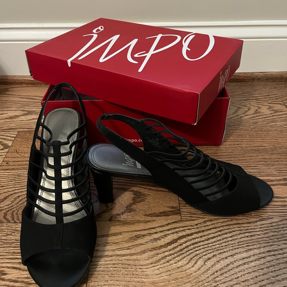 Impo Women's Black Stretch Peep Toe Block Heel Pumps sz 9.5